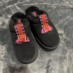 UGG Girls Black Suede Slippers with Pink Accents